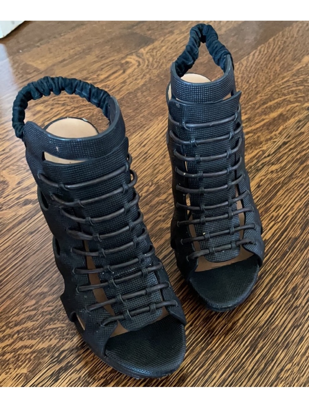 L.A.M.B. Black Strappy Cage Peep-Toe Heels